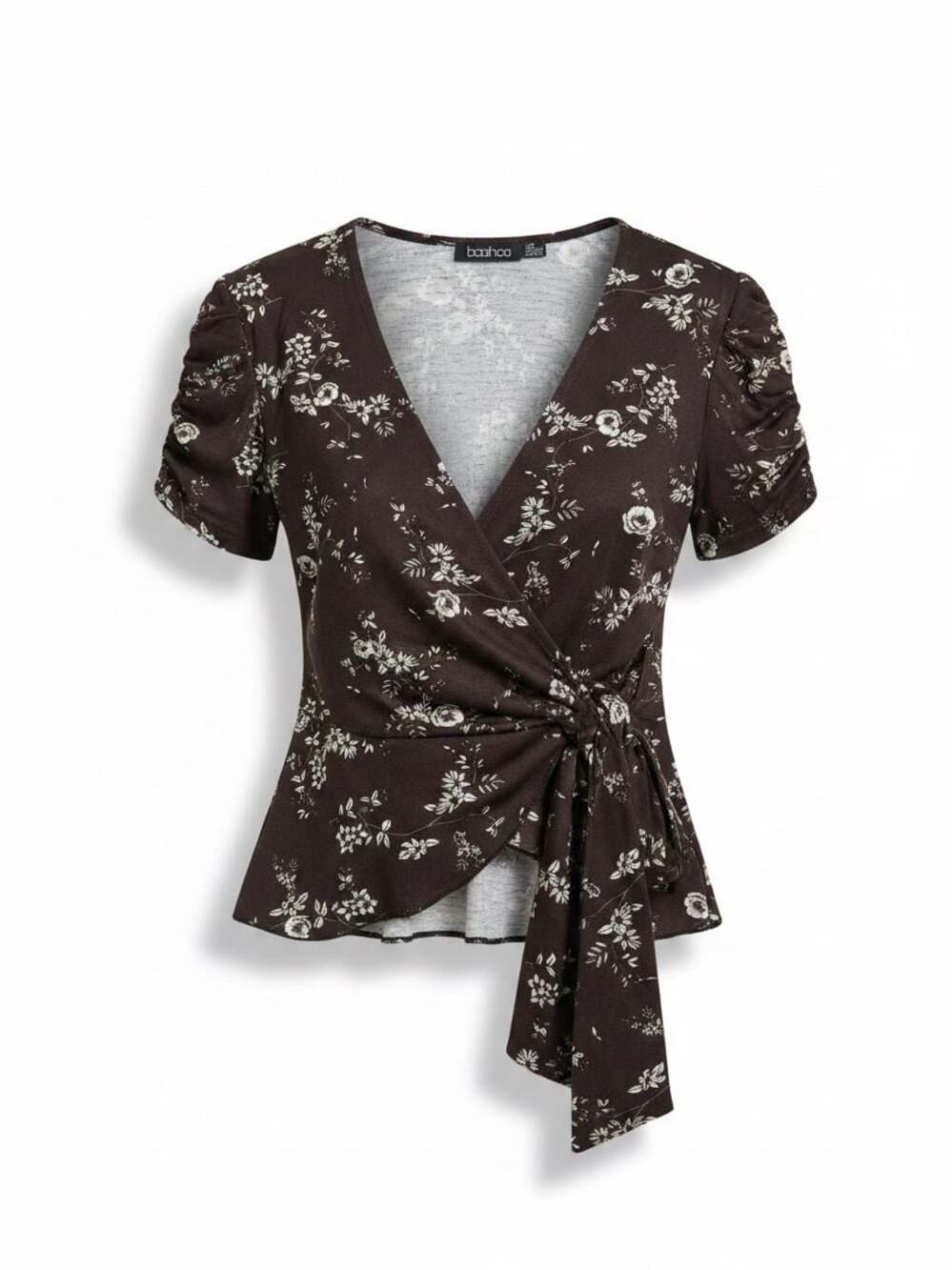 Y2K Boohoo Floral Print Wrap Front Side Tie Short Sleeve Top Size US 6